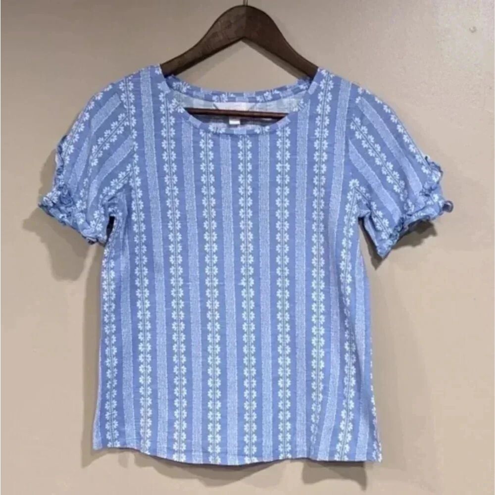 Lauren Conrad‎ Floral Ruffle Sleeve Top Womens XS Blue Stripe Cottage Peasant